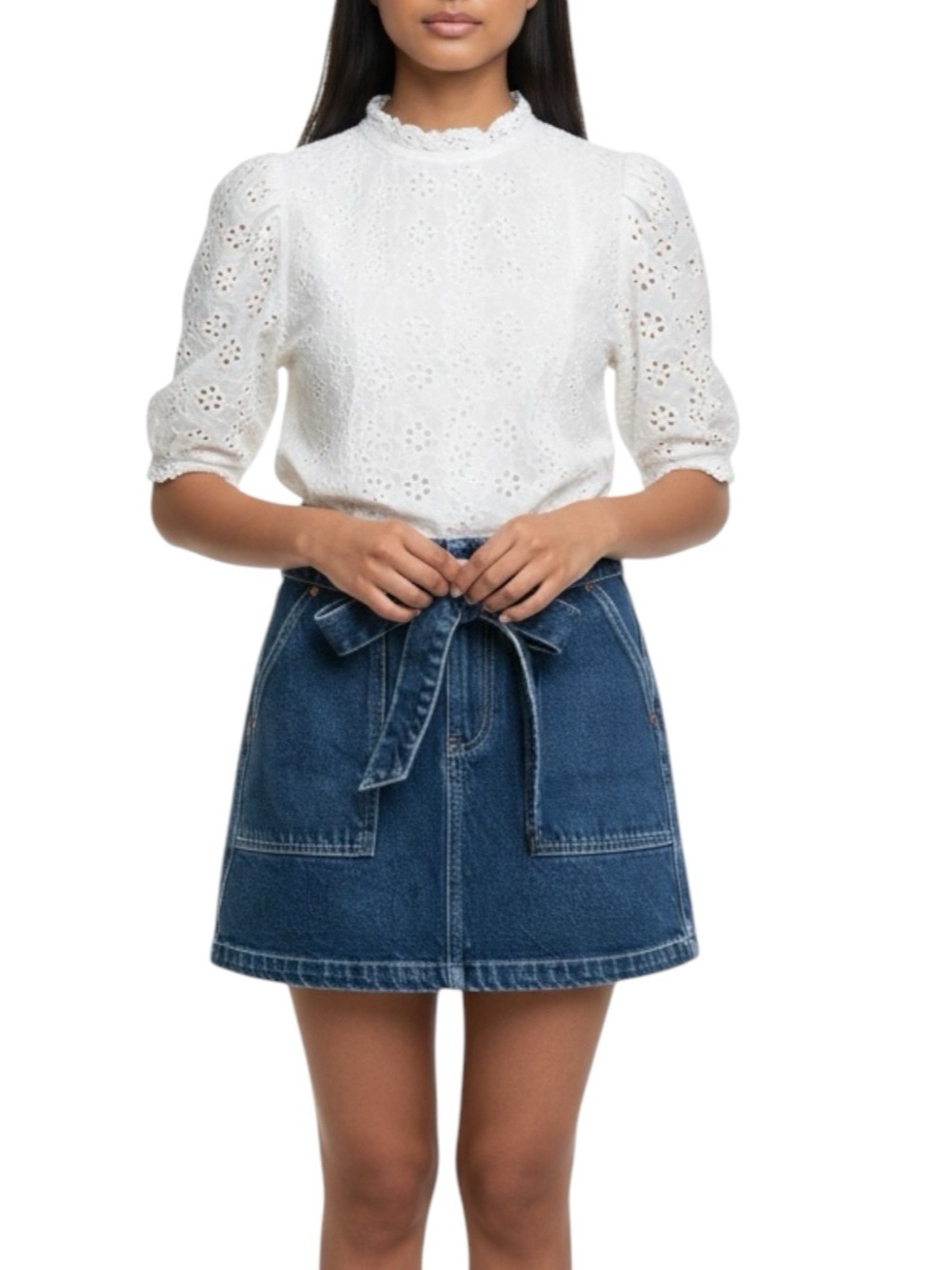 NEW Abercrombie & Fitch Waist Tie Medium Wash Natural Rise Denim Mini Skirt